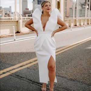 Dramatic Puff Sleeve White Midi Dress - Size Medium